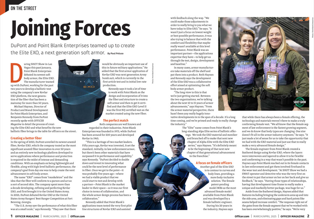 elite exo fits the body frees the mind shot show booth number 10360, graphic of male and female wearing body armor vest in motion twisting and leaping