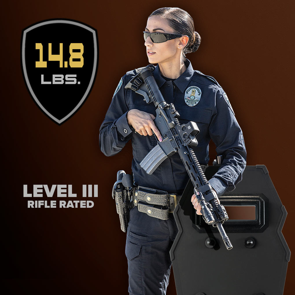 police officer with rifle rated shield